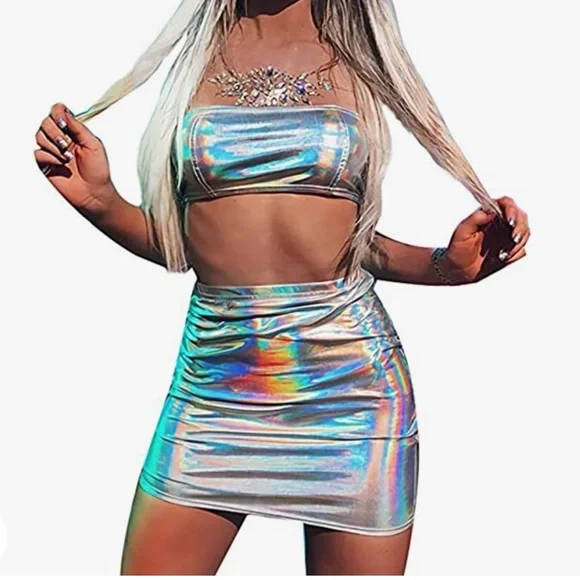 Space Cowgirl Halloween Costume Rave Size Small Holographic with Teal Wig - Picture 1 of 3